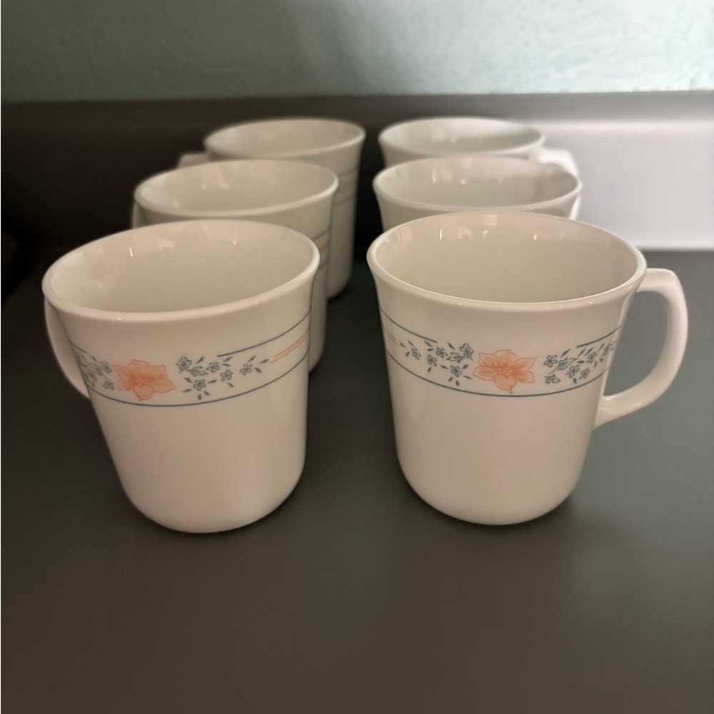 Corningware White Mugs with Peach Floral and Blue Vine Accent - Set of 6